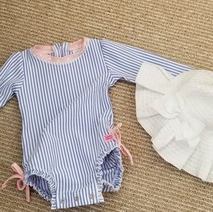 Ruffle butts swimsuit and Jack and Janie hat